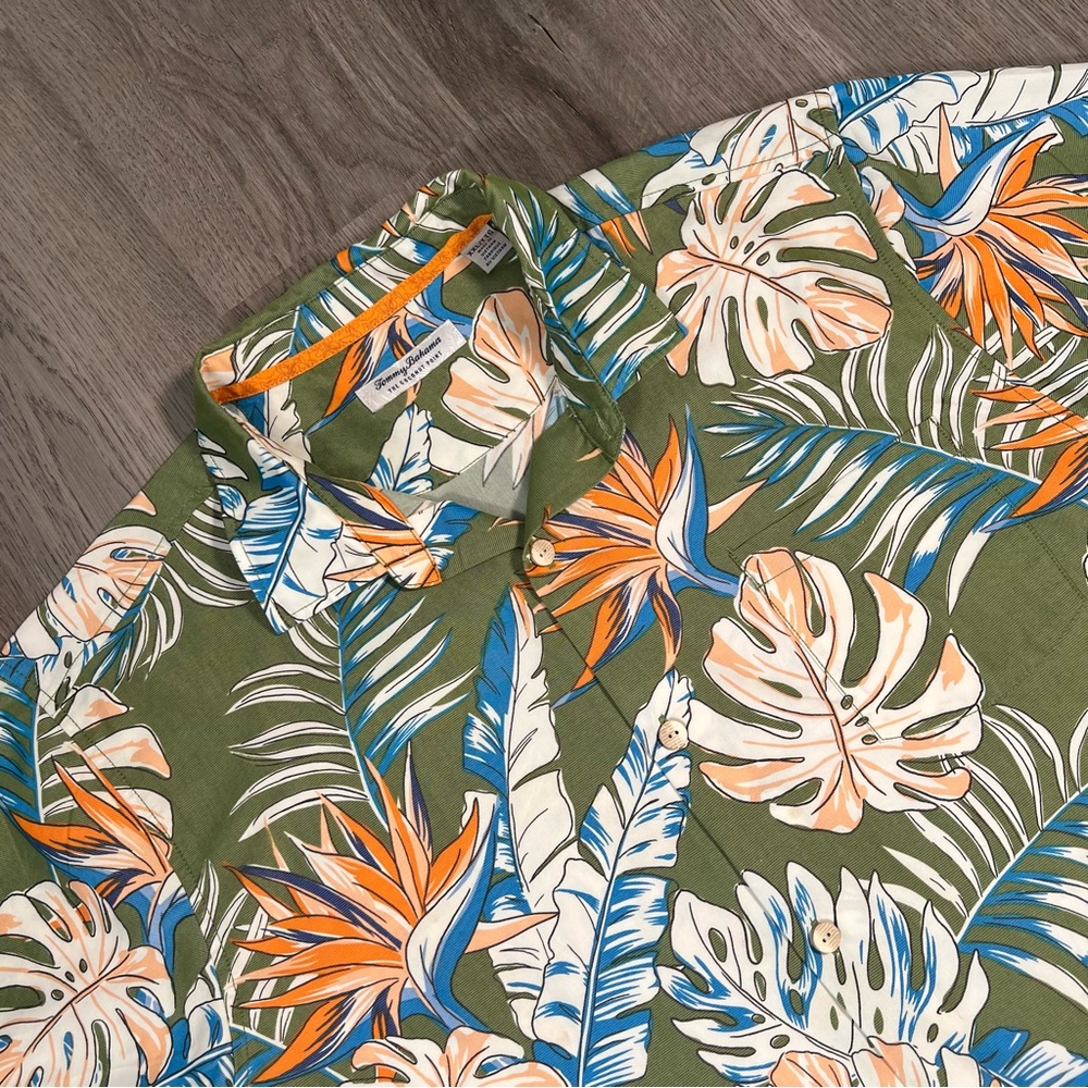 Tommy Bahama Shirt Men's XXL Coconut Point Hawaiian Green Tropical Tencel Floral